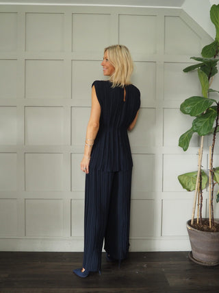 Hava Pleated, Sleeveless Top &amp; Wide Leg Trouser Set - Black and Navy Blue