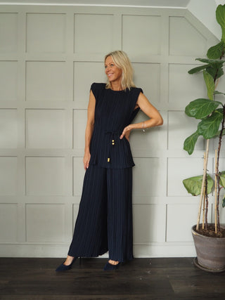 Hava Pleated, Sleeveless Top &amp; Wide Leg Trouser Set - Black and Navy Blue