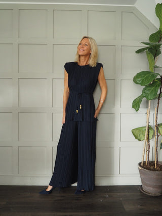 Hava Pleated, Sleeveless Top &amp; Wide Leg Trouser Set - Black and Navy Blue
