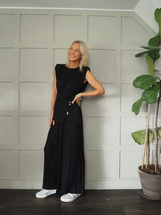 Hava Pleated, Sleeveless Top &amp; Wide Leg Trouser Set - Black and Navy Blue
