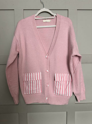Ellie Cardigan with Stripe Pockets and Buttons - Blue, Off White, Pink