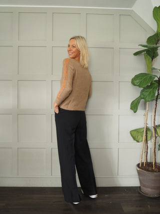 Laran V-Neck Jumper with Contrasting Colour on Sleeve - Camel/Orange, Ecru/Camel and Green/Navy