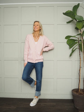 Ellie Cardigan with Stripe Pockets and Buttons - Blue, Off White, Pink