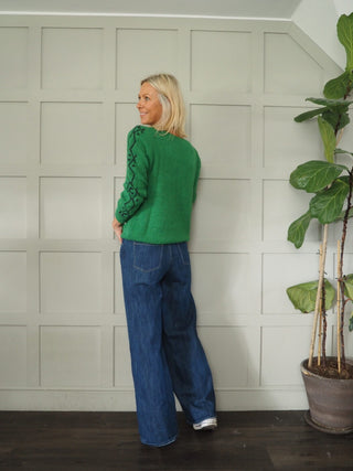 Laran V-Neck Jumper with Contrasting Colour on Sleeve - Camel/Orange, Ecru/Camel and Green/Navy