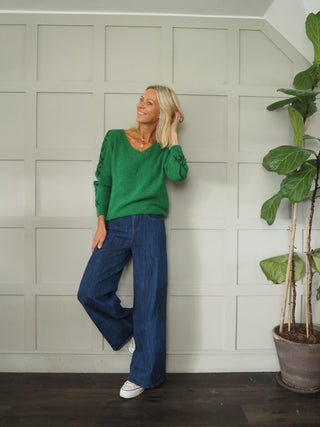 Laran V-Neck Jumper with Contrasting Colour on Sleeve - Camel/Orange, Ecru/Camel and Green/Navy