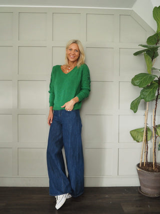 Laran V-Neck Jumper with Contrasting Colour on Sleeve - Camel/Orange, Ecru/Camel and Green/Navy