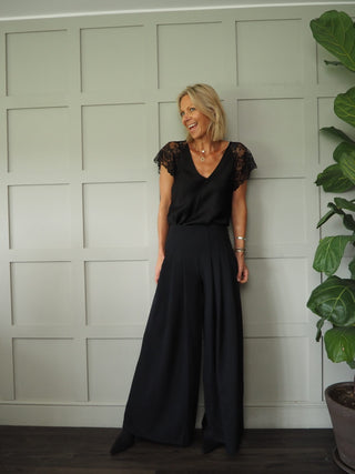 Kitty Wide Leg Trousers with Pleated Front and Side Zip - Black, Camel