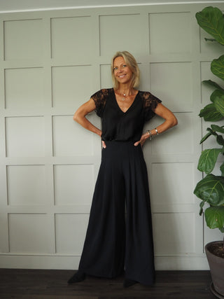 Kitty Wide Leg Trousers with Pleated Front and Side Zip - Black, Camel