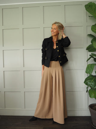 Kitty Wide Leg Trousers with Pleated Front and Side Zip - Black, Camel