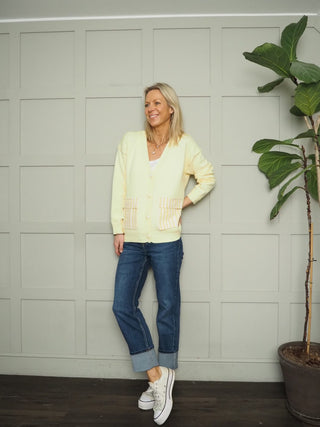 Ellie Cardigan with Stripe Pockets and Buttons - Blue, Off White, Pink