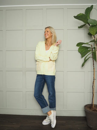 Ellie Cardigan with Stripe Pockets and Buttons - Blue, Off White, Pink