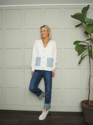 Ellie Cardigan with Stripe Pockets and Buttons - Blue, Off White, Pink