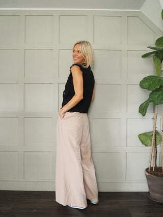 Larsac Super Soft ‘Shabby Chic Frayed Edge’ Gilet with Gold Front Button Detail &amp; Stretch - Black, Camel and Cream