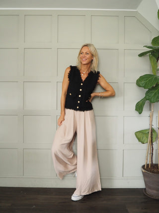 Larsac Super Soft ‘Shabby Chic Frayed Edge’ Gilet with Gold Front Button Detail &amp; Stretch - Black, Camel and Cream