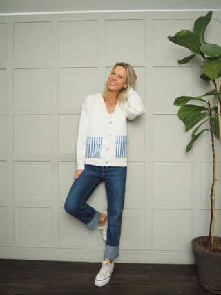Ellie Cardigan with Stripe Pockets and Buttons - Blue, Off White, Pink