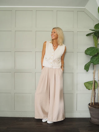 Larsac Super Soft ‘Shabby Chic Frayed Edge’ Gilet with Gold Front Button Detail &amp; Stretch - Black, Camel and Cream