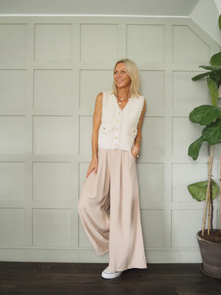 Larsac Super Soft ‘Shabby Chic Frayed Edge’ Gilet with Gold Front Button Detail &amp; Stretch - Black, Camel and Cream