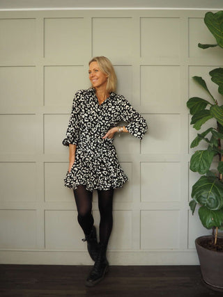Sindi Shirt Dress - Black/Ecru Leopard Print