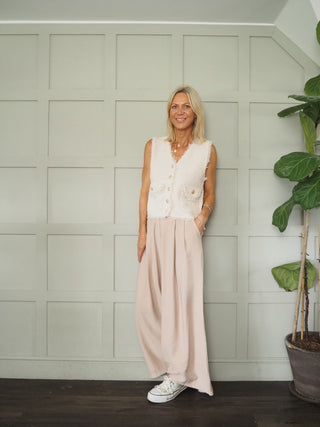 Larsac Super Soft ‘Shabby Chic Frayed Edge’ Gilet with Gold Front Button Detail &amp; Stretch - Black, Camel and Cream