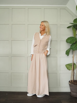 Larsac Super Soft ‘Shabby Chic Frayed Edge’ Gilet with Gold Front Button Detail &amp; Stretch - Black, Camel and Cream