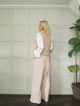 Larsac Super Soft ‘Shabby Chic Frayed Edge’ Gilet with Gold Front Button Detail &amp; Stretch - Black, Camel and Cream