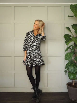 Sindi Shirt Dress - Black/Ecru Leopard Print