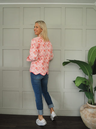 Katherine Quilted Jacket with Scallop Detail - Coral, Navy Blue, Royal Blue