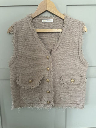 Larsac Super Soft ‘Shabby Chic Frayed Edge’ Gilet with Gold Front Button Detail &amp; Stretch - Black, Camel and Cream