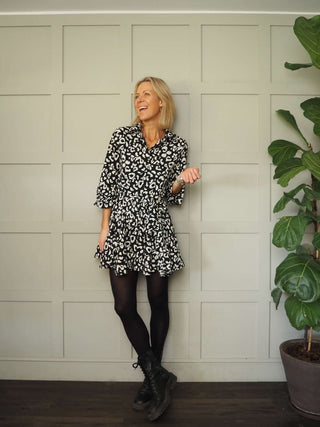 Sindi Shirt Dress - Black/Ecru Leopard Print