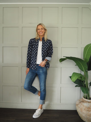 Katherine Quilted Jacket with Scallop Detail - Coral, Navy Blue, Royal Blue