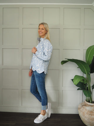 Katherine Quilted Jacket with Scallop Detail - Coral, Navy Blue, Royal Blue