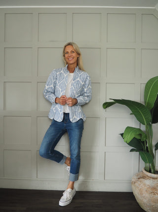 Katherine Quilted Jacket with Scallop Detail - Coral, Navy Blue, Royal Blue