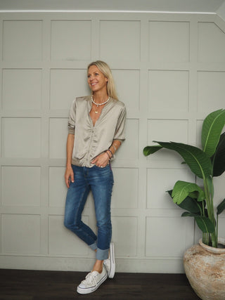 Nicola Silk Mix Short Sleeve Zip Up Bomber Jacket - Champagne, Blue, Khaki, Navy Blue, Oyster