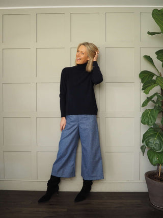 Tweedle Wide Leg Crop Wool Trousers - Blue