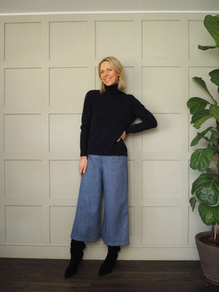Tweedle Wide Leg Crop Wool Trousers - Blue