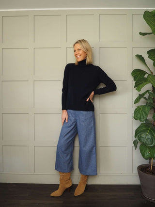 Tweedle Wide Leg Crop Wool Trousers - Blue