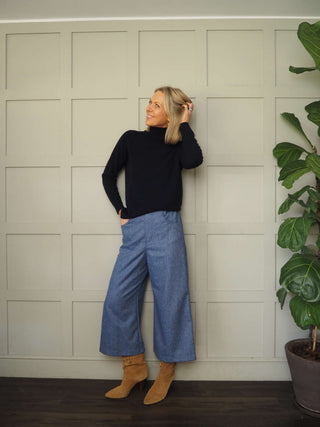 Tweedle Wide Leg Crop Wool Trousers - Blue
