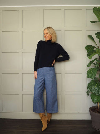 Tweedle Wide Leg Crop Wool Trousers - Blue
