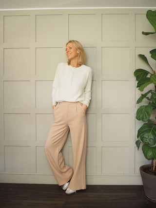 Leonie Wide Leg, High Waisted Trousers - Black, Camel, Coral, Ecru, Sky Blue