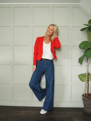 Molly Single-Breasted Cropped Blazer with Single Button and Pockets - Black, Navy Blue and Red