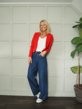 Molly Single-Breasted Cropped Blazer with Single Button and Pockets - Black, Navy Blue and Red
