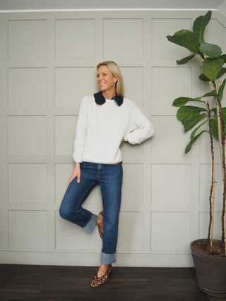 Cerise Long Sleeve Blouse with Ruffle Detail - Navy Blue, Off White