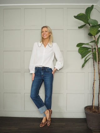 Cerise Long Sleeve Blouse with Ruffle Detail - Navy Blue, Off White