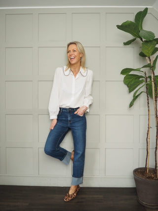 Cerise Long Sleeve Blouse with Ruffle Detail - Navy Blue, Off White