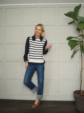 Cerina Striped Tank Top with Adjustable Side Ties - Ecru/Navy