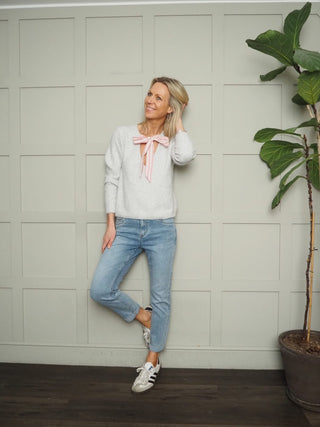 Oscar Jumper with Stripe Tie Detail - Light Grey, Sky Blue