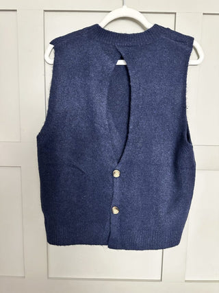 Rae Tank Top with Button Detail - Navy Blue, Off White