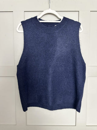 Rae Tank Top with Button Detail - Navy Blue, Off White