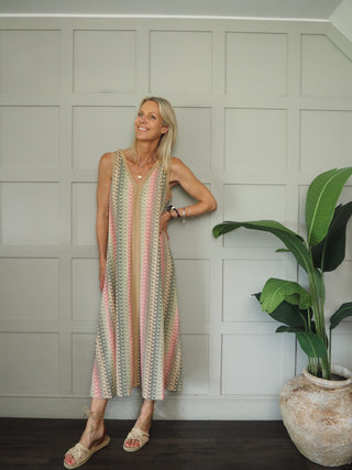 Mizzo Dress with Gold Lurex Detailing - Blue, Green, Khaki, Pink