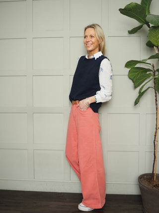 Rae Tank Top with Button Detail - Navy Blue, Off White